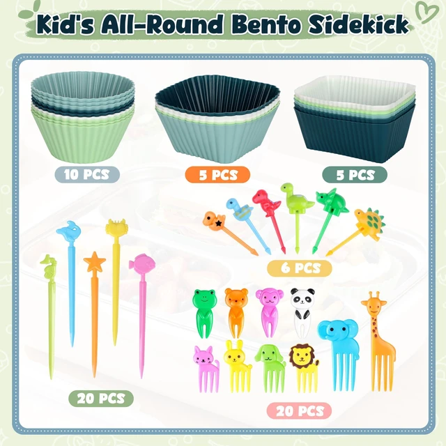 Alt view image 4 of 7 - 66PCS Silicone Lunch Box Dividers & Cute Animal Food Picks for Kids | 20 Reusable Silicone Cupcake Liners, Muffin Baking Cups, 46 Fruit Toothpicks, School Lunchbox Bento Box Accessories Supplies