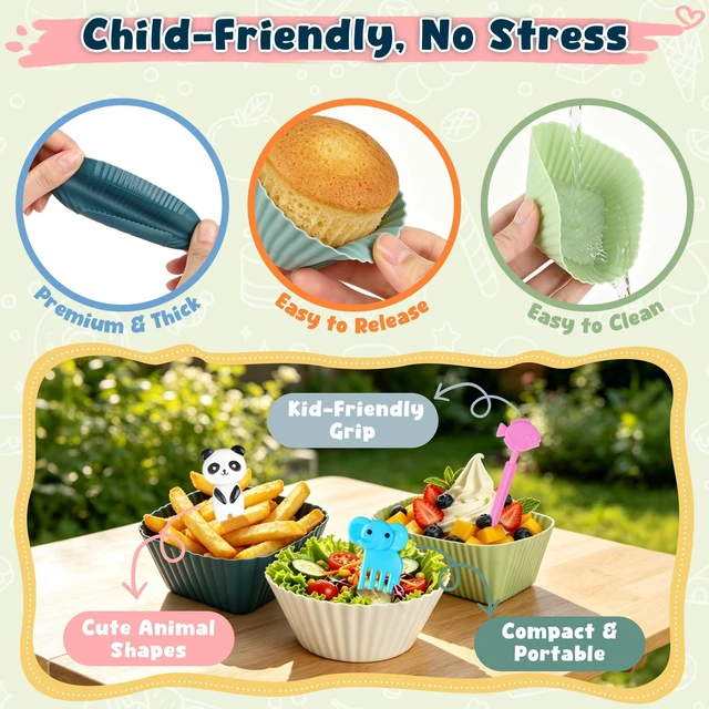 Alt view image 5 of 7 - 66PCS Silicone Lunch Box Dividers & Cute Animal Food Picks for Kids | 20 Reusable Silicone Cupcake Liners, Muffin Baking Cups, 46 Fruit Toothpicks, School Lunchbox Bento Box Accessories Supplies