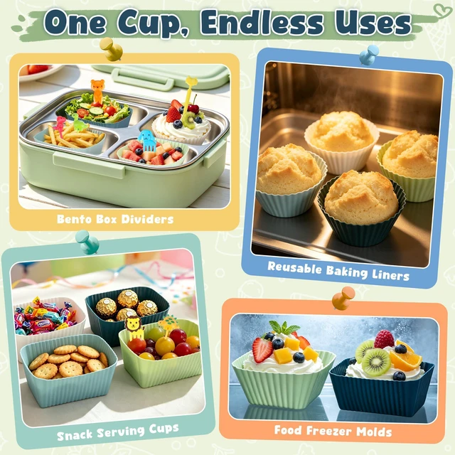 Alt view image 7 of 7 - 66PCS Silicone Lunch Box Dividers & Cute Animal Food Picks for Kids | 20 Reusable Silicone Cupcake Liners, Muffin Baking Cups, 46 Fruit Toothpicks, School Lunchbox Bento Box Accessories Supplies