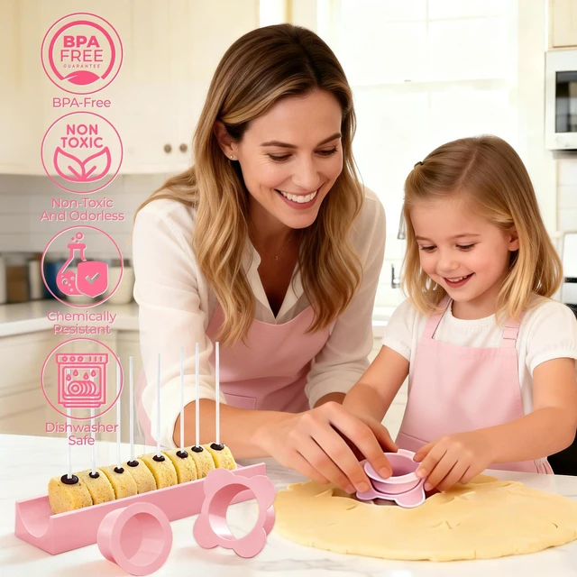 Alt view image 3 of 7 - Round Cake Pop Mold Set with 50PCS Sticks Bags Ties,1.75 Inch Cake Pop Cutter and Pusher,Dishwasher Safe Baking Molds for Birthday Wedding Kids Party Desserts-Pink