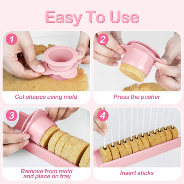 Alt view image 6 of 7 - Round Cake Pop Mold Set with 50PCS Sticks Bags Ties,1.75 Inch Cake Pop Cutter and Pusher,Dishwasher Safe Baking Molds for Birthday Wedding Kids Party Desserts-Pink