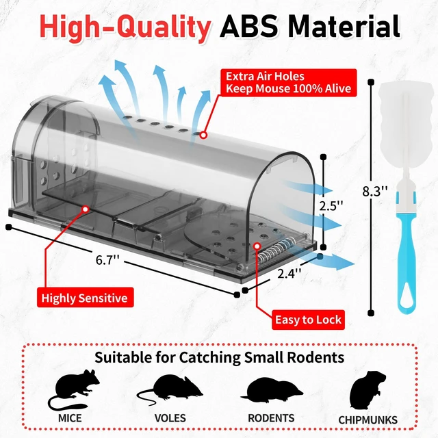 Alt view image 2 of 7 - Humane Mouse Traps 2 Pack | Live No Touch Catch and Release No Kill Rodent Traps | Reusable with Cleaning Brush | Pet Safe Indoor Outdoor for Mice, Rats, Chipmunks, Voles, Grey