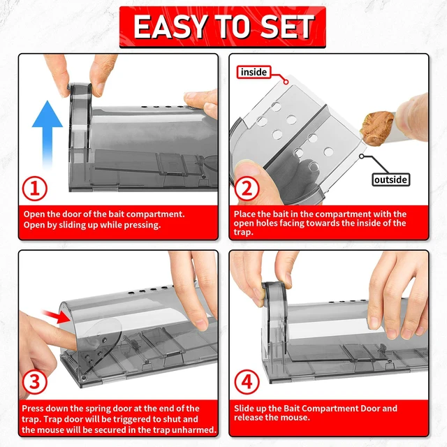 Alt view image 6 of 7 - Humane Mouse Traps 2 Pack | Live No Touch Catch and Release No Kill Rodent Traps | Reusable with Cleaning Brush | Pet Safe Indoor Outdoor for Mice, Rats, Chipmunks, Voles, Grey