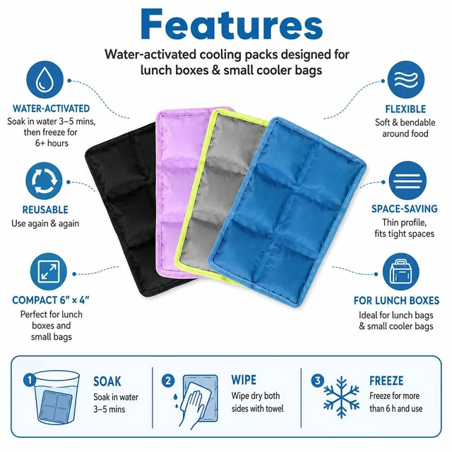 Alt view image 5 of 7 - 4 Pack Small Ice Packs for Lunch Boxes Reusable | Non-Toxic Foldable Water Absorption Multi-Colored Lunch Box Ice Packs 6x4 Space Saving for Daily Office & Outdoor