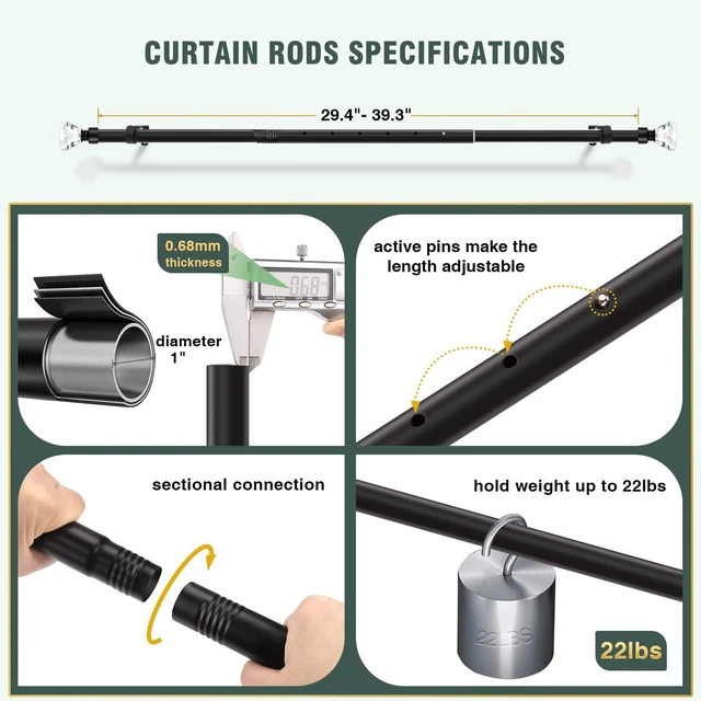 Alt view image 2 of 6 - 1 Pack Curtain Rods for Windows 30 to 40 Inches2.5-3.3 Feet, 1 Inch Diameter Adjustable Single Window Rod, Decorative Drapery Rods, Crystal Diamond Finials, Black