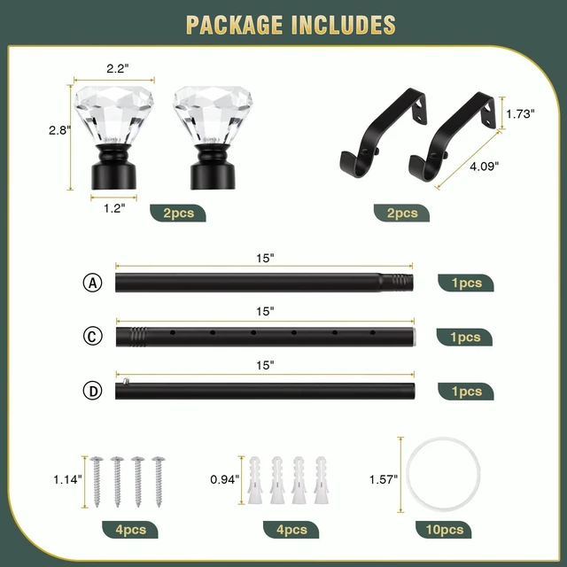 Alt view image 5 of 6 - 1 Pack Curtain Rods for Windows 30 to 40 Inches2.5-3.3 Feet, 1 Inch Diameter Adjustable Single Window Rod, Decorative Drapery Rods, Crystal Diamond Finials, Black