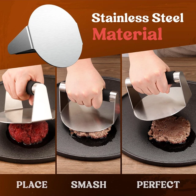 Alt view image 4 of 6 - Smash Burger Press, Hamburger Smasher Tool for Griddle, Stainless Steel Ham Patty Press with Anti-Scald Handle, 5.5" Non Stick Grill Press for Smashburger, Bacon, Ground Beef, Meat, Sausage