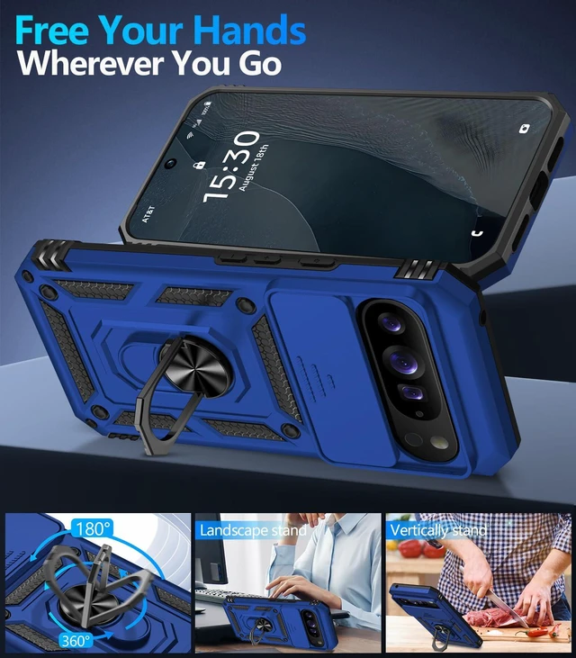 Alt view image 2 of 7 - for Google Pixel 11 Pro XL Case with Screen Protector & Slide Camera Lens Cover,Built-in 360°Rotate Magnetic Ring Stand Shockproof Protective Phone Case for Pixel 11 Pro XL Case (Blue)