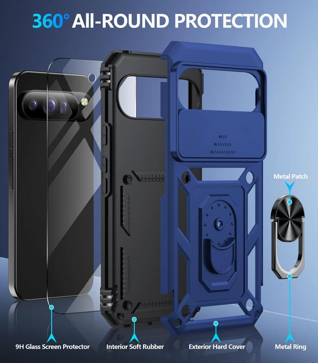Alt view image 3 of 7 - for Google Pixel 11 Pro XL Case with Screen Protector & Slide Camera Lens Cover,Built-in 360°Rotate Magnetic Ring Stand Shockproof Protective Phone Case for Pixel 11 Pro XL Case (Blue)
