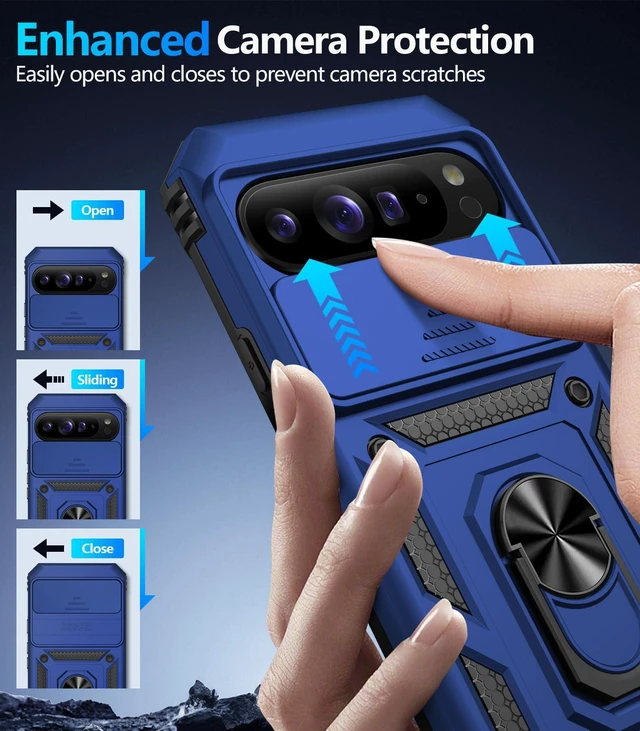 Alt view image 6 of 7 - for Google Pixel 11 Pro XL Case with Screen Protector & Slide Camera Lens Cover,Built-in 360°Rotate Magnetic Ring Stand Shockproof Protective Phone Case for Pixel 11 Pro XL Case (Blue)