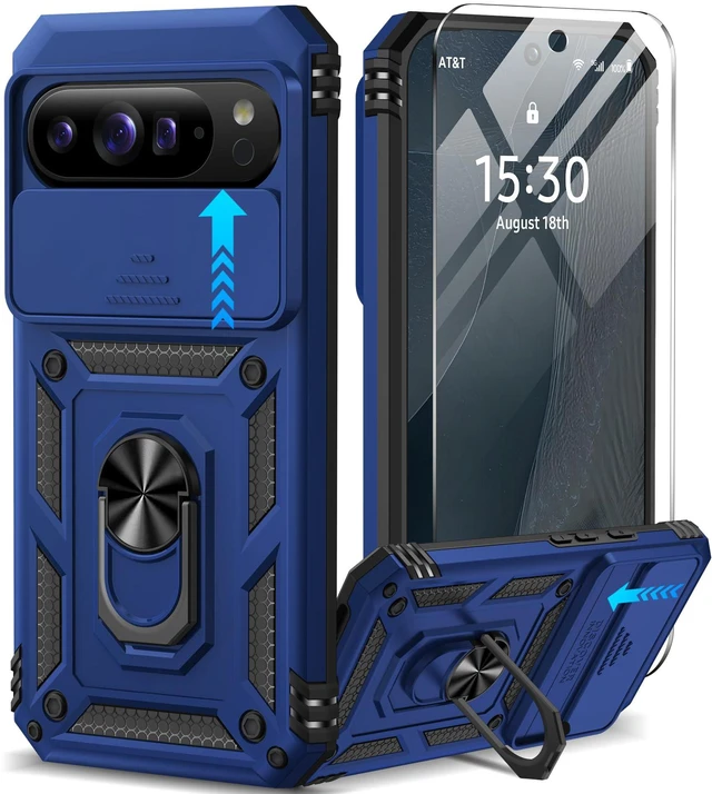 Main image of for Google Pixel 11 Pro XL Case with Screen Protector & Slide Camera Lens Cover,Built-in 360°Rotate Magnetic Ring Stand Shockproof Protective Phone Case for Pixel 11 Pro XL Case (Blue)