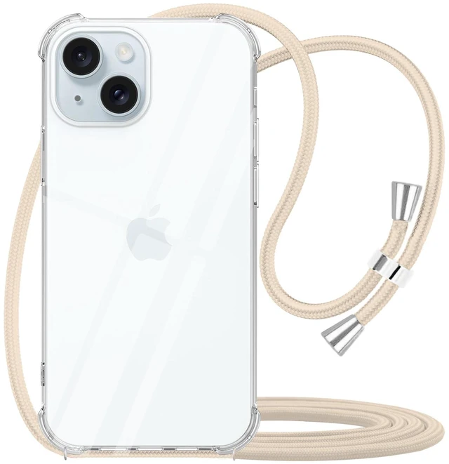 Main image of Strap Case for iPhone 15 Crossbody Cover for Women Crystal Clear Soft TPU Shockproof Anti-Yellowing Anti-Scratch Protective Cell Phone Case with Adjustable Lanyard for iPhone 15 - Beige