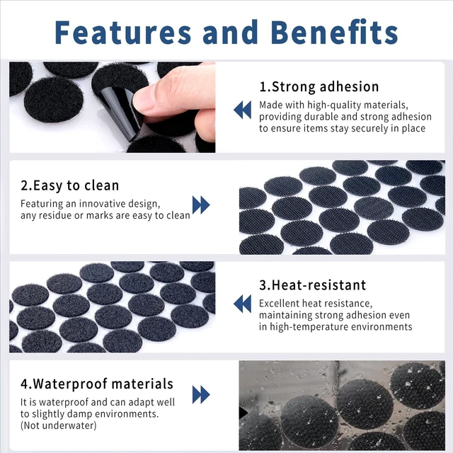 Alt view image 4 of 7 - Self Adhesive Dots, 200Pcs(100 Pair Sets) 1 Inch Diameter Strong Self Adhesive Dots Nylon Sticky Back Coins Hook Loop Strips, Small Circle Dots Stickers Tapes, Black