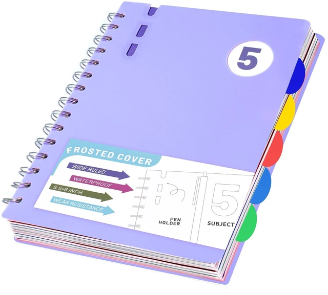 Main image of Spiral Notebook with Dividers & Tabs ,5 Subject Notebook,5x7,Violet | 204 Pages,Wide Ruled,Small Hardcover Notebooks for Work, Lined Journal for Student,School Supplies