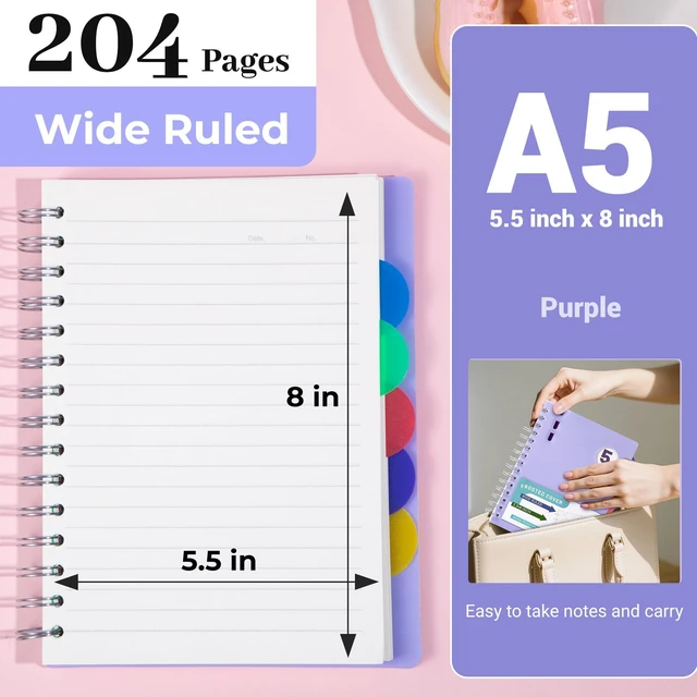 Alt view image 2 of 7 - Spiral Notebook with Dividers & Tabs ,5 Subject Notebook,5x7,Violet | 204 Pages,Wide Ruled,Small Hardcover Notebooks for Work, Lined Journal for Student,School Supplies