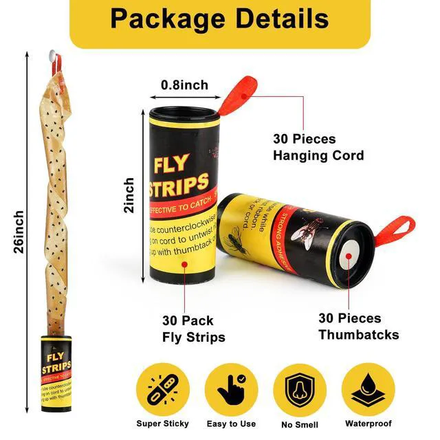 Alt view image 2 of 7 - 30 Rolls Fly Strips Traps for Home, Sticky Strips, Fly Paper Tape Catcher Ribbon for Gnat Fungus Fruit Flies