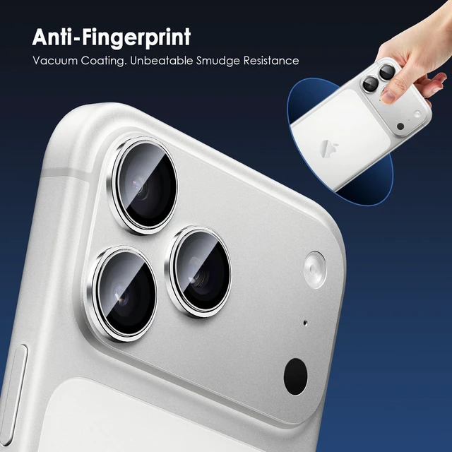 Alt view image 6 of 7 - Camera Lens Protector for iPhone 17 Pro & 17 Pro Max, Silver | AR+AF, 9H Tempered Glass, Individual Metal Ring, Anti Glare, Fall Protection, Camera Screen Cover