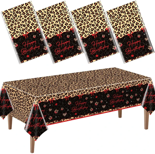Main image of 4 Pcs Cheetah Cherry Birthday Plastic Tablecloths, 54x108 Inch | Red Black Leopard Print, Rectangle Table Cover, Waterproof Disposable, for Bridal Shower Bachelorette Birthday Party Supplies