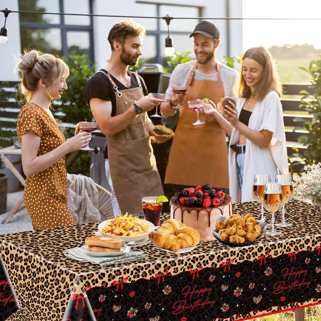 Alt view image 4 of 7 - 4 Pcs Cheetah Cherry Birthday Plastic Tablecloths, 54x108 Inch | Red Black Leopard Print, Rectangle Table Cover, Waterproof Disposable, for Bridal Shower Bachelorette Birthday Party Supplies