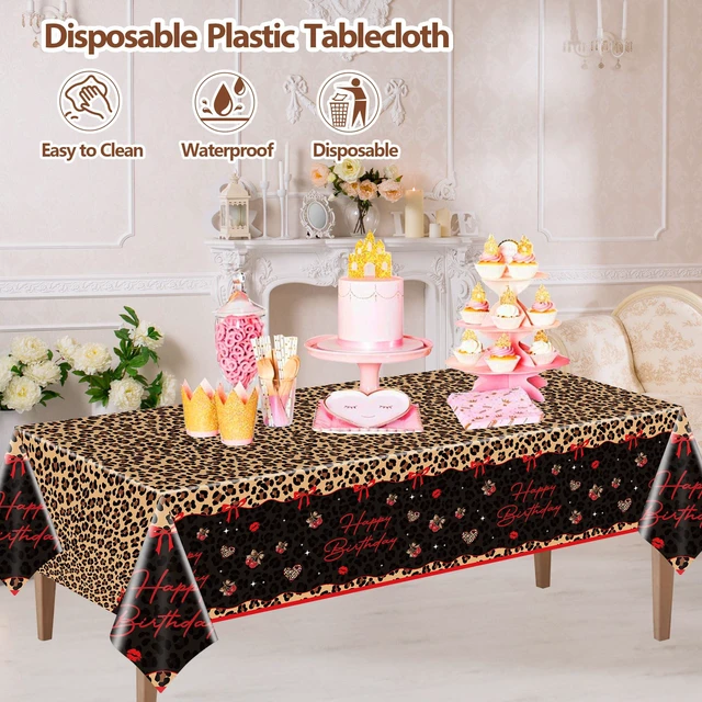 Alt view image 3 of 7 - 4 Pcs Cheetah Cherry Birthday Plastic Tablecloths, 54x108 Inch | Red Black Leopard Print, Rectangle Table Cover, Waterproof Disposable, for Bridal Shower Bachelorette Birthday Party Supplies