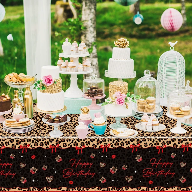 Alt view image 6 of 7 - 4 Pcs Cheetah Cherry Birthday Plastic Tablecloths, 54x108 Inch | Red Black Leopard Print, Rectangle Table Cover, Waterproof Disposable, for Bridal Shower Bachelorette Birthday Party Supplies