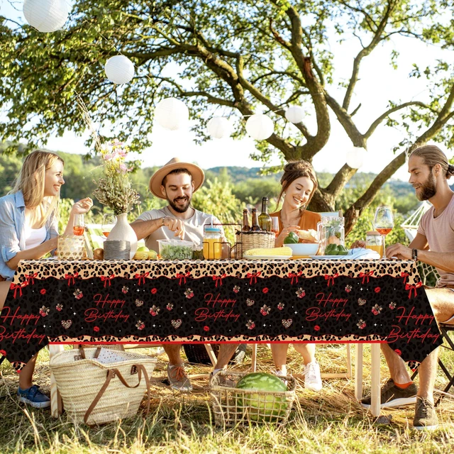Alt view image 7 of 7 - 4 Pcs Cheetah Cherry Birthday Plastic Tablecloths, 54x108 Inch | Red Black Leopard Print, Rectangle Table Cover, Waterproof Disposable, for Bridal Shower Bachelorette Birthday Party Supplies