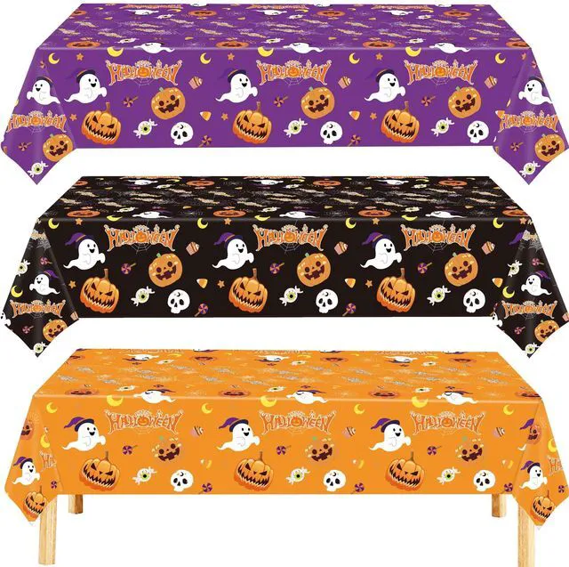 Main image of 3 Pack Halloween Tablecloth for Halloween Decorations, 54x108 Inch | Disposable Plastic Table Cover, Pumpkin Spider Web Lovely Ghost Design, for Indoor Outdoor Halloween Party Supplies