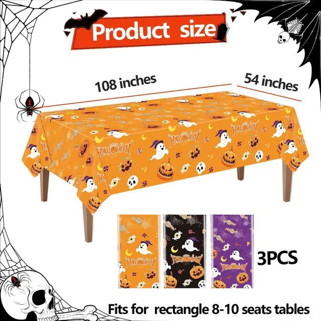 Alt view image 2 of 7 - 3 Pack Halloween Tablecloth for Halloween Decorations, 54x108 Inch | Disposable Plastic Table Cover, Pumpkin Spider Web Lovely Ghost Design, for Indoor Outdoor Halloween Party Supplies