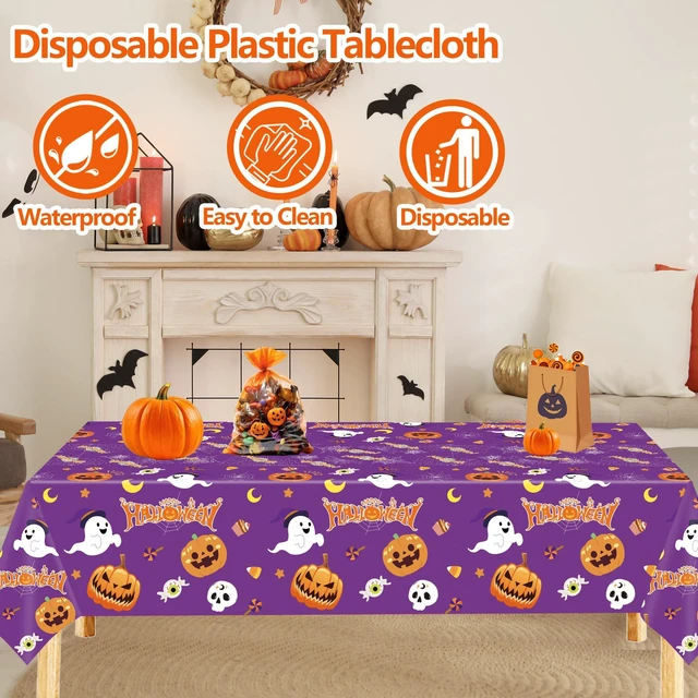 Alt view image 3 of 7 - 3 Pack Halloween Tablecloth for Halloween Decorations, 54x108 Inch | Disposable Plastic Table Cover, Pumpkin Spider Web Lovely Ghost Design, for Indoor Outdoor Halloween Party Supplies