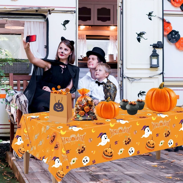 Alt view image 4 of 7 - 3 Pack Halloween Tablecloth for Halloween Decorations, 54x108 Inch | Disposable Plastic Table Cover, Pumpkin Spider Web Lovely Ghost Design, for Indoor Outdoor Halloween Party Supplies
