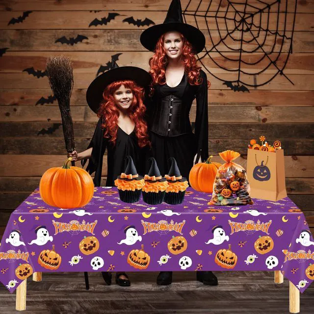 Alt view image 5 of 7 - 3 Pack Halloween Tablecloth for Halloween Decorations, 54x108 Inch | Disposable Plastic Table Cover, Pumpkin Spider Web Lovely Ghost Design, for Indoor Outdoor Halloween Party Supplies