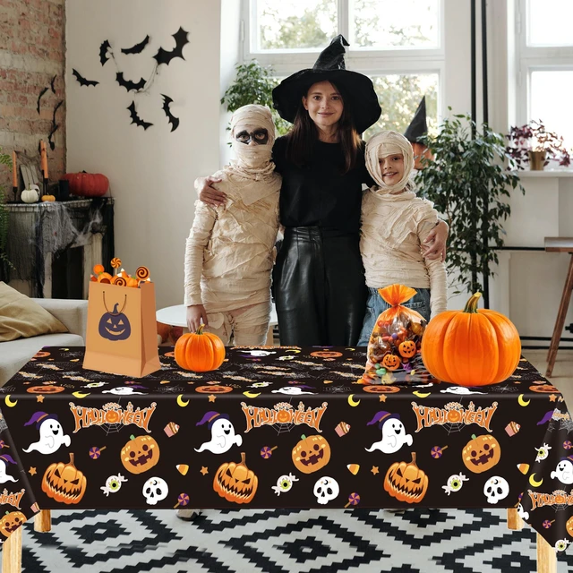 Alt view image 7 of 7 - 3 Pack Halloween Tablecloth for Halloween Decorations, 54x108 Inch | Disposable Plastic Table Cover, Pumpkin Spider Web Lovely Ghost Design, for Indoor Outdoor Halloween Party Supplies