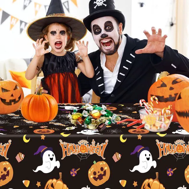 Alt view image 6 of 7 - 3 Pack Halloween Tablecloth for Halloween Decorations, 54x108 Inch | Disposable Plastic Table Cover, Pumpkin Spider Web Lovely Ghost Design, for Indoor Outdoor Halloween Party Supplies