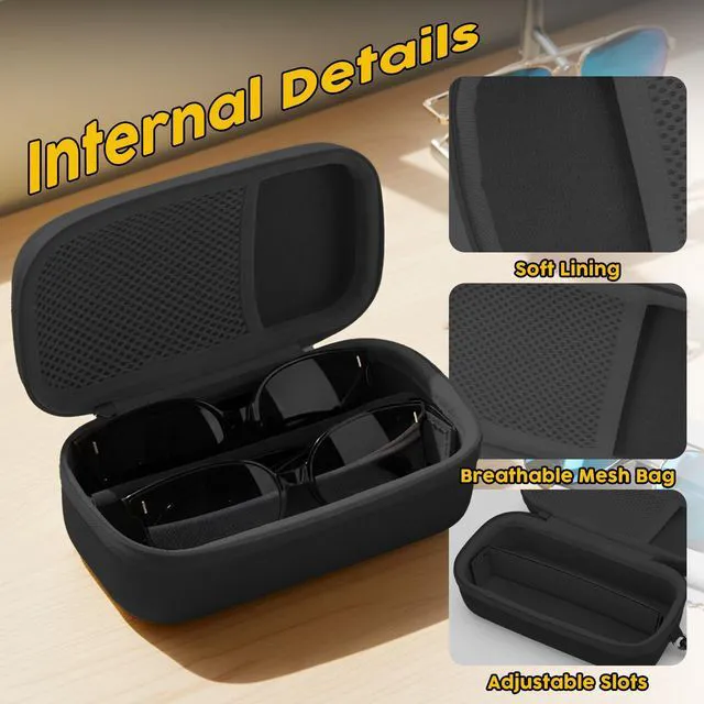 Alt view image 3 of 7 - Double Eyeglasses Case, Hard Shell Glasses Case for Men Women, Black | Shockproof Hard Dual Glasses Case, Travel Sunglasses Organizer with Adjustable Slot & Clip