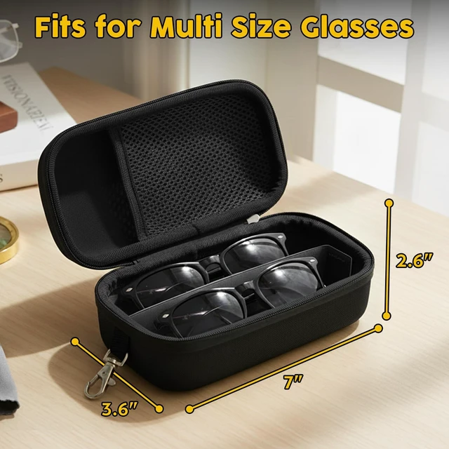 Alt view image 5 of 7 - Double Eyeglasses Case, Hard Shell Glasses Case for Men Women, Black | Shockproof Hard Dual Glasses Case, Travel Sunglasses Organizer with Adjustable Slot & Clip