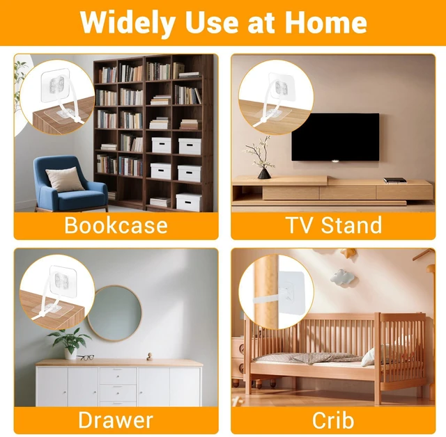 Alt view image 6 of 7 - No Drill Furniture Anchors Adhesive (10 Packs) for Baby Proofing, Adjustable Anti-Tip Furniture Wall Safety Straps for Child, Keep Toddlers & Pets Safe from Falling Furniture Like Dresser & Bookshelf