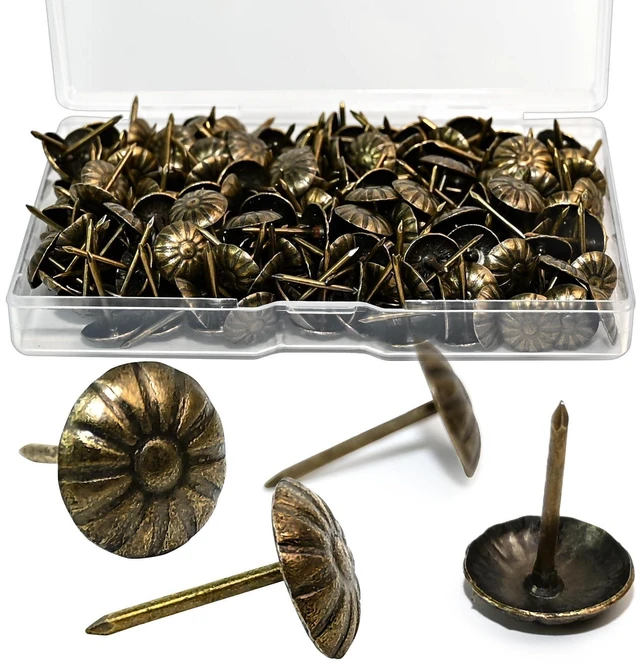 Main image of 200PCS Antique Upholstery Tacks Decorative Furniture Nails (Boxed) | Heavy duty thumb tacks perfect for sofa chair bed decoration and daily picture hanging home upholstery repair use