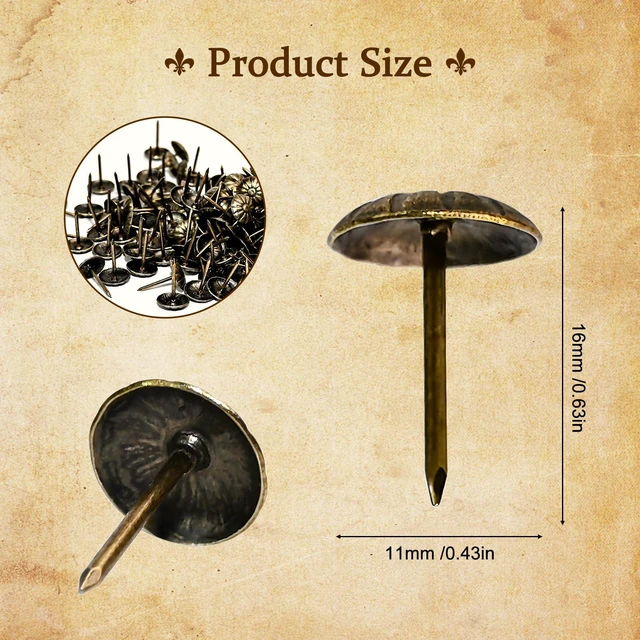 Alt view image 2 of 7 - 200PCS Antique Upholstery Tacks Decorative Furniture Nails (Boxed) | Heavy duty thumb tacks perfect for sofa chair bed decoration and daily picture hanging home upholstery repair use