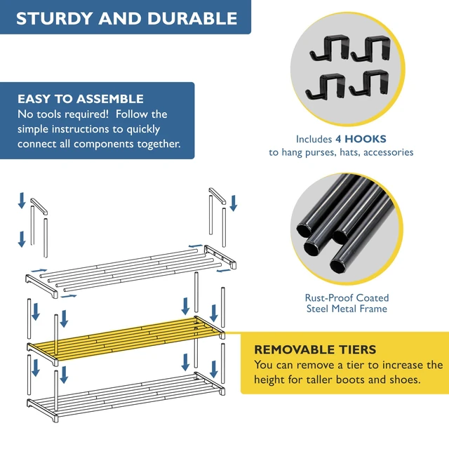 Alt view image 4 of 7 - Shoe Rack, 3 Tier Metal Shoe Rack for Front Door Entrance | Sturdy Long Shoe Organizer for Closet, Bedroom, Entryway, Garage, Black Metal Shoe Shelf, Holds Up to 15 Pairs