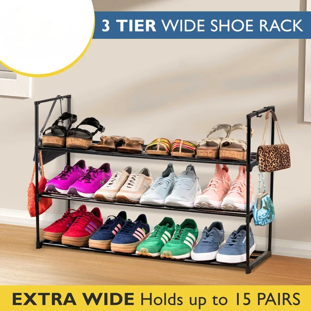 Alt view image 2 of 7 - Shoe Rack, 3 Tier Metal Shoe Rack for Front Door Entrance | Sturdy Long Shoe Organizer for Closet, Bedroom, Entryway, Garage, Black Metal Shoe Shelf, Holds Up to 15 Pairs