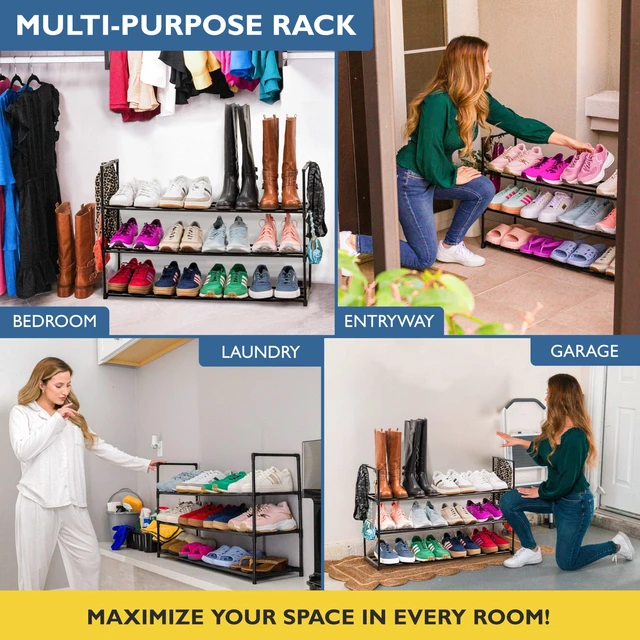 Alt view image 7 of 7 - Shoe Rack, 3 Tier Metal Shoe Rack for Front Door Entrance | Sturdy Long Shoe Organizer for Closet, Bedroom, Entryway, Garage, Black Metal Shoe Shelf, Holds Up to 15 Pairs