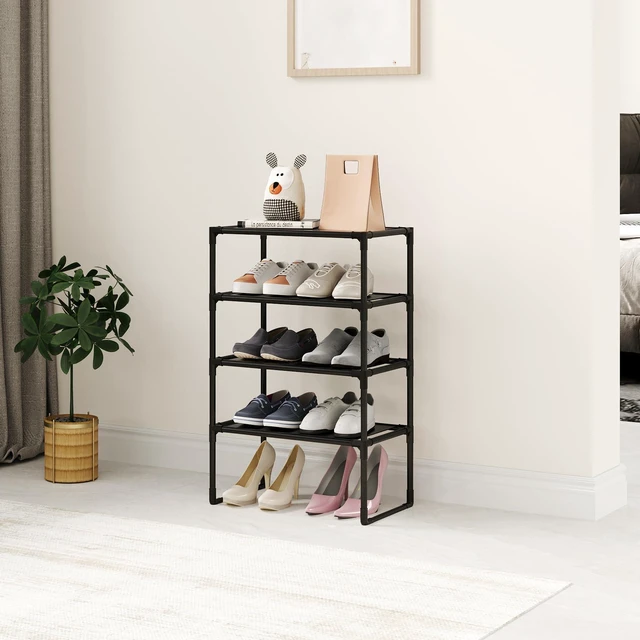 Alt view image 3 of 5 - 5-Tier Small Shoe Rack for Closet and Entryway, Narrow Shoe Shelf Organizer,Stackble Shoe Stand,Non-Woven Fabric Metal Free Standing Shoe Racks (Black, 18" W x 9.9" D x 28.6" H)