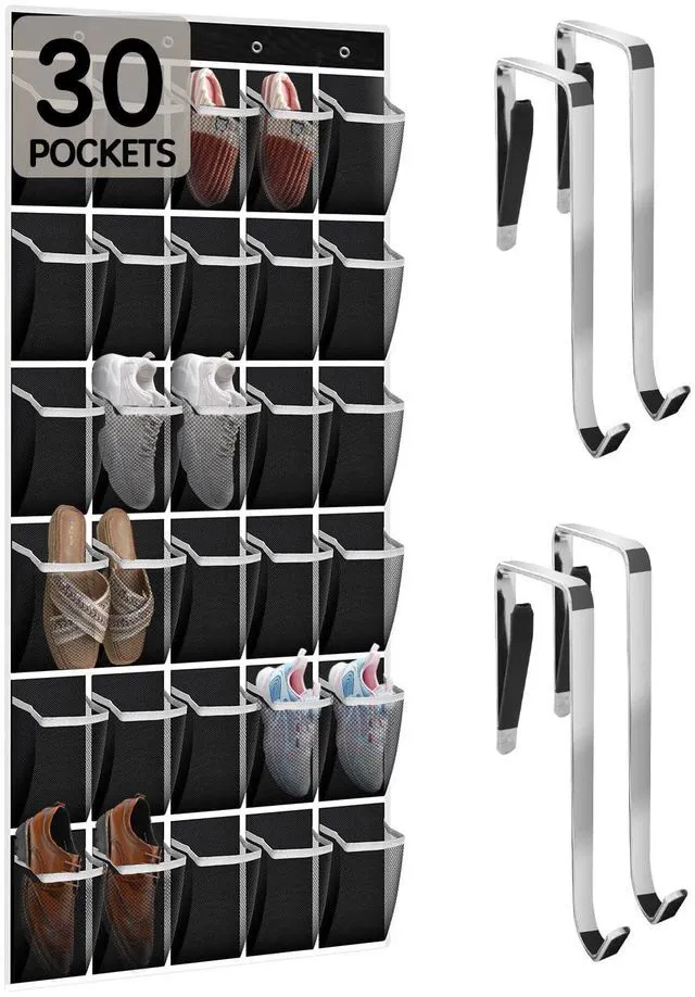 Main image of Over the Door Shoe Organizer with 30 Breathable Mesh Pockets - Large Capacity Closet Storage for Men & Women, Hanging Shoe Rack Organizer (Black, 30-Pocket)
