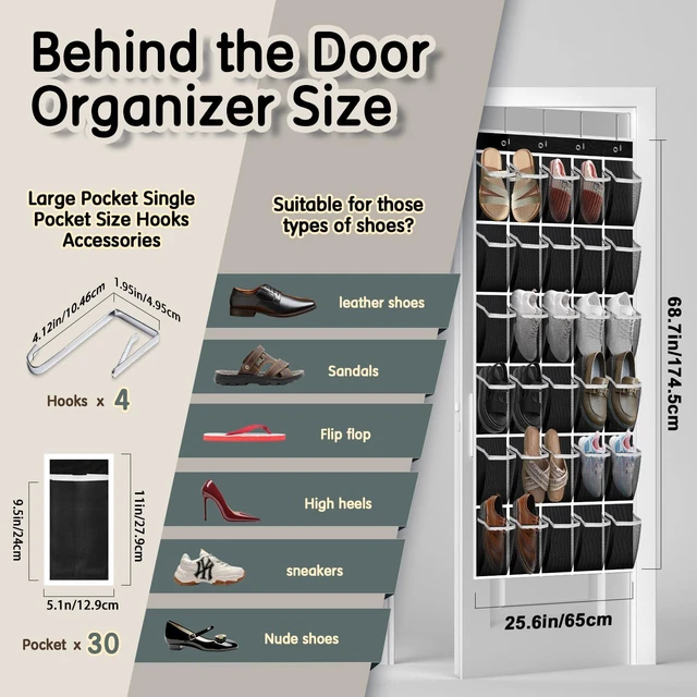 Alt view image 3 of 7 - Over the Door Shoe Organizer with 30 Breathable Mesh Pockets - Large Capacity Closet Storage for Men & Women, Hanging Shoe Rack Organizer (Black, 30-Pocket)