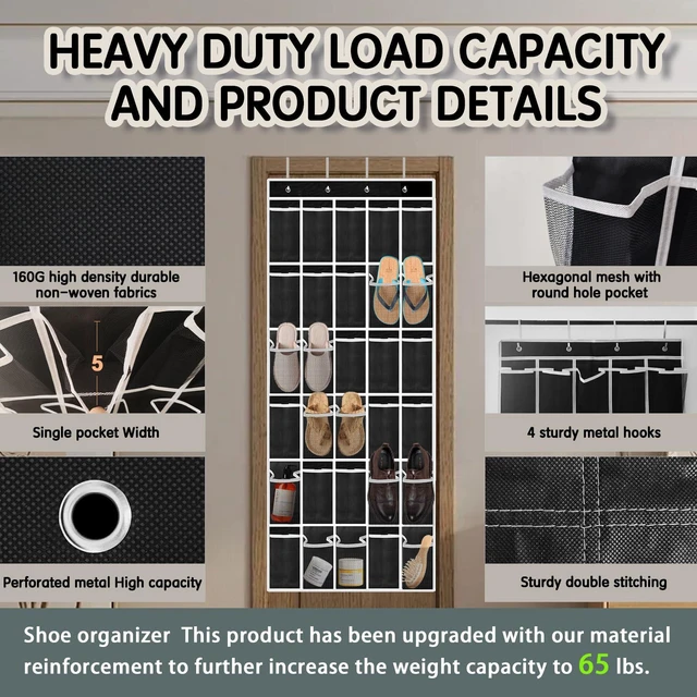 Alt view image 2 of 7 - Over the Door Shoe Organizer with 30 Breathable Mesh Pockets - Large Capacity Closet Storage for Men & Women, Hanging Shoe Rack Organizer (Black, 30-Pocket)
