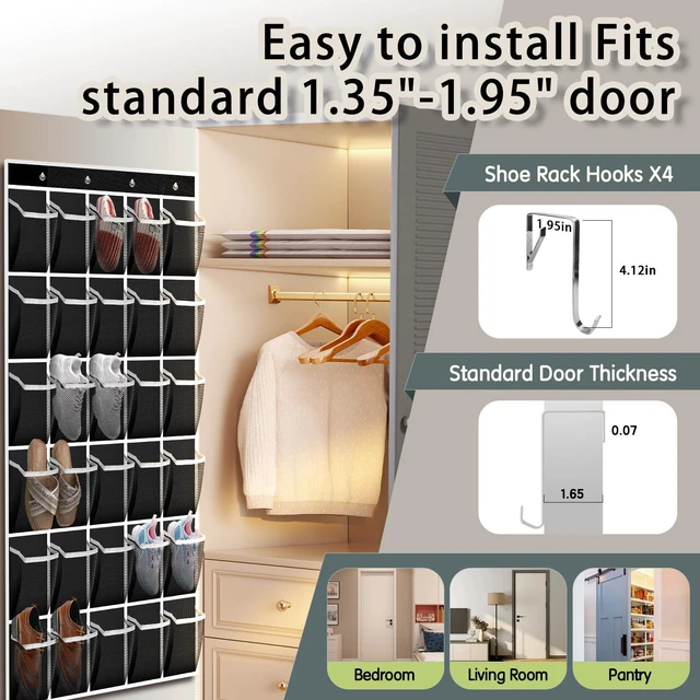 Alt view image 6 of 7 - Over the Door Shoe Organizer with 30 Breathable Mesh Pockets - Large Capacity Closet Storage for Men & Women, Hanging Shoe Rack Organizer (Black, 30-Pocket)