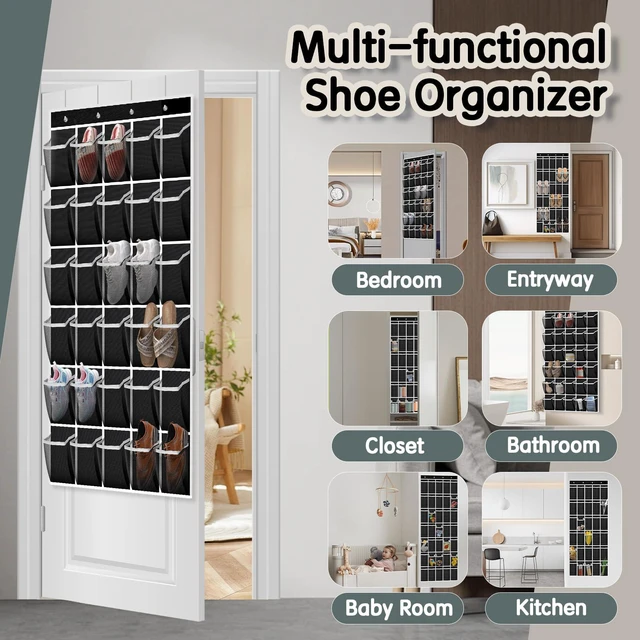 Alt view image 5 of 7 - Over the Door Shoe Organizer with 30 Breathable Mesh Pockets - Large Capacity Closet Storage for Men & Women, Hanging Shoe Rack Organizer (Black, 30-Pocket)