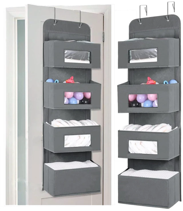 Main image of 4-Shelf Over The Door Hanging Organizer with 2 Metal Hooks, Gray | 4 Pocket Swing-proof Behind Door Organizers with Clear Windows for Bathroom Closet, Dorm