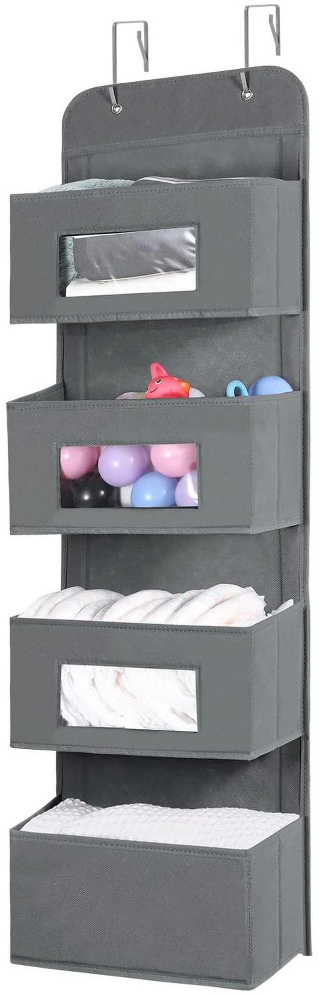 Alt view image 2 of 7 - 4-Shelf Over The Door Hanging Organizer with 2 Metal Hooks, Gray | 4 Pocket Swing-proof Behind Door Organizers with Clear Windows for Bathroom Closet, Dorm