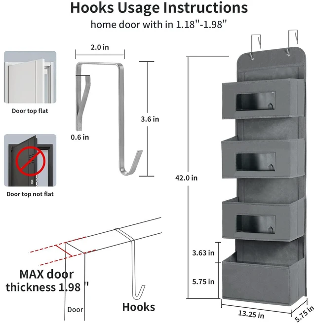 Alt view image 3 of 7 - 4-Shelf Over The Door Hanging Organizer with 2 Metal Hooks, Gray | 4 Pocket Swing-proof Behind Door Organizers with Clear Windows for Bathroom Closet, Dorm